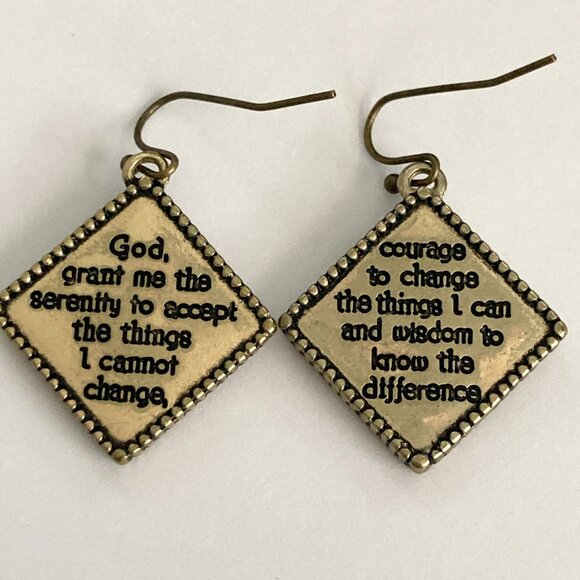 Serenity Prayer Earrings Silver Gold Tone AA NA Alcoholics Anonymous Dangle - Picture 6 of 9